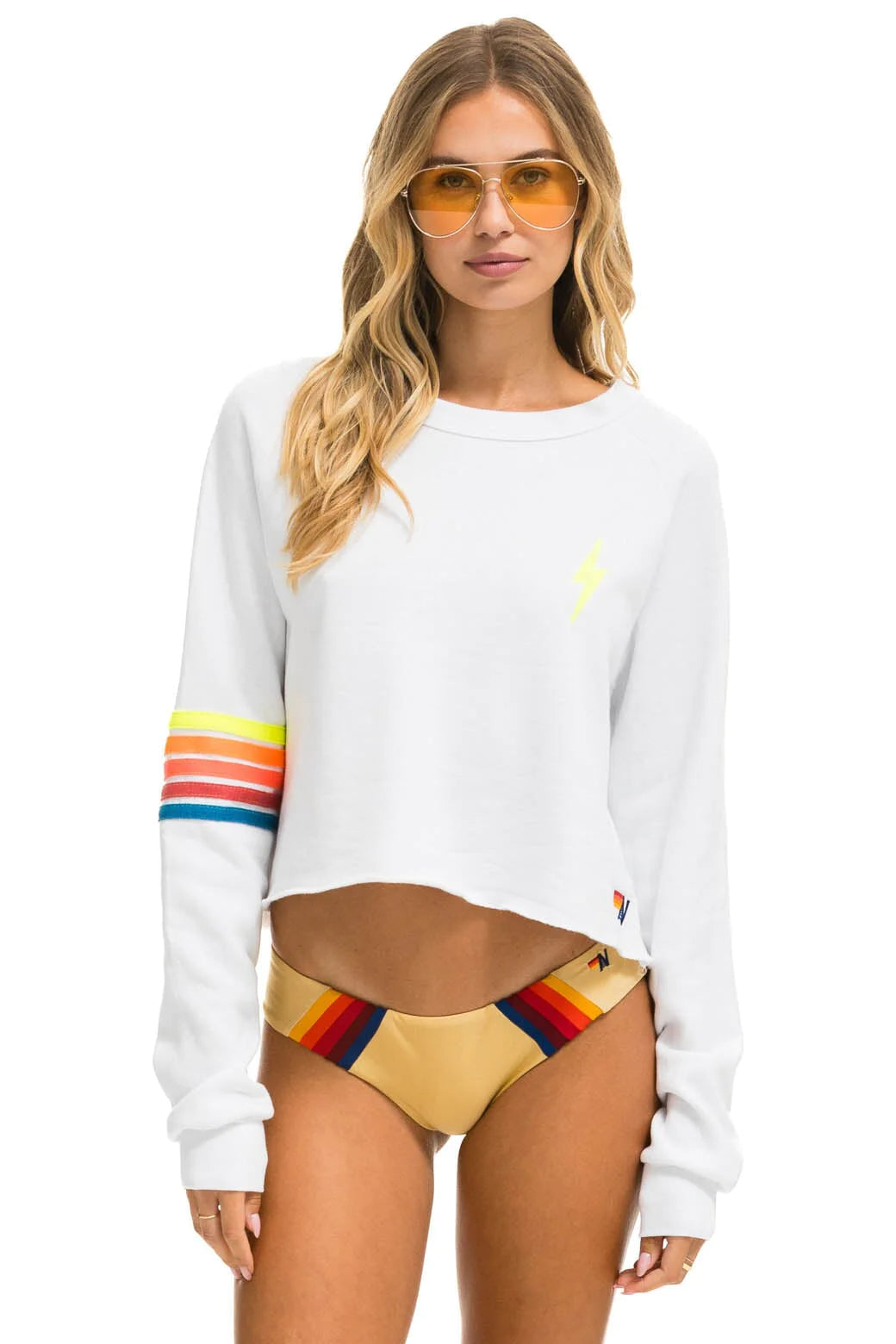 AVIATOR NATION BOLT RUGBY STITCH CROPPED CREW SWEATSHIRT IN WHITE/NEON RAINBOW