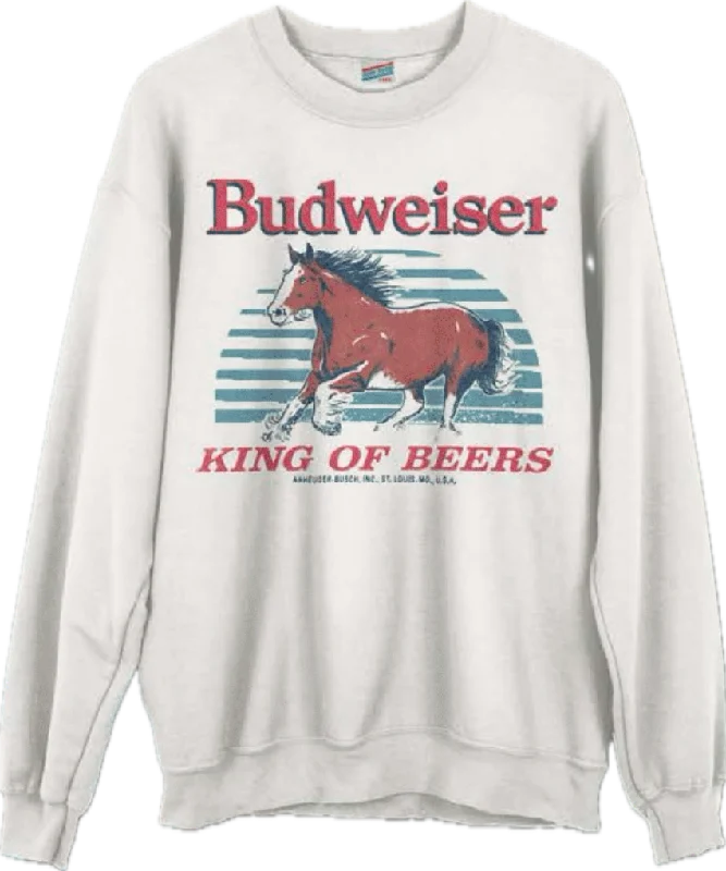 JUNKFOOD CLOTHINGUNISEX BUDWEISER CLYDESDALE FLEA MARKET CREW FLEECE SWEATSHIRT IN WHITE