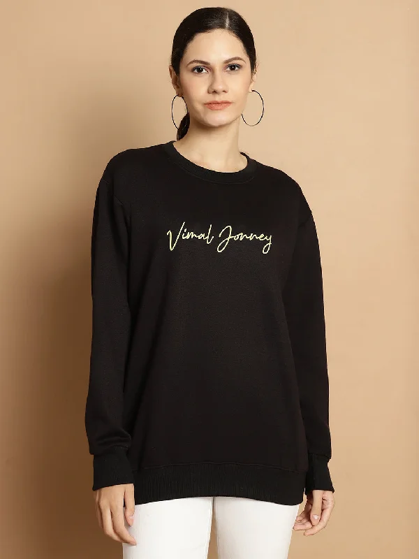 Vimal Jonney Black Printed Round Neck Cotton Fleece Sweatshirt for Women