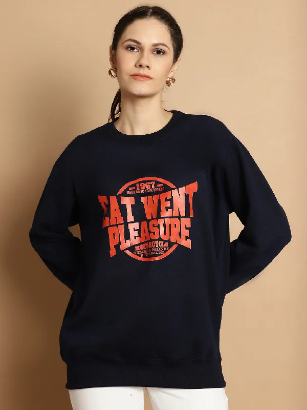 Vimal Jonney Navy Blue Printed Round Neck Cotton Fleece Sweatshirt for Women