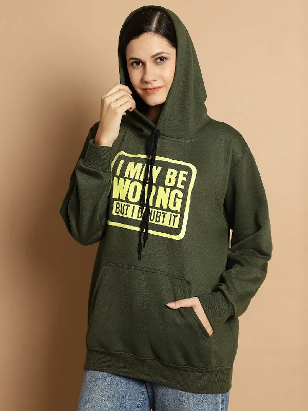 Vimal Jonney Olive Printed Hooded Cotton Fleece Sweatshirt for Women