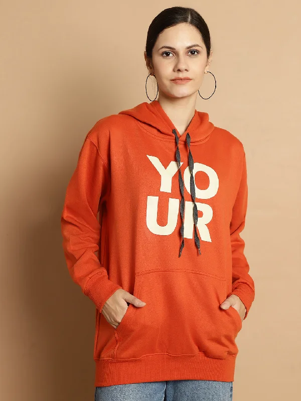 Vimal Jonney Rust Printed Hooded Cotton Fleece Sweatshirt for Women