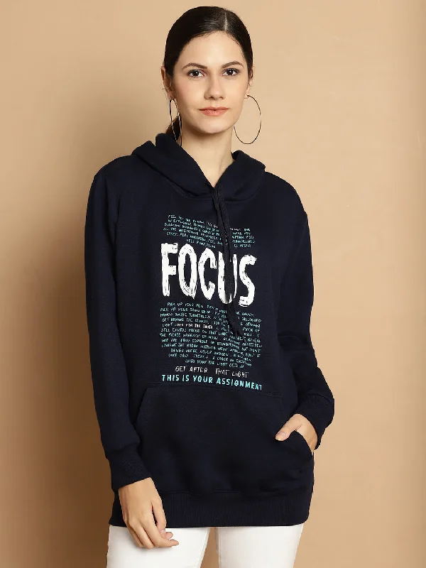 Vimal Jonney Navy Blue Printed Hooded Cotton Fleece Sweatshirt for Women