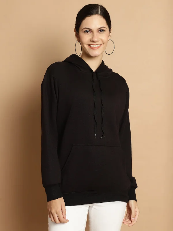 Vimal Jonney Black Solid Hooded Cotton Fleece Sweatshirt for Women