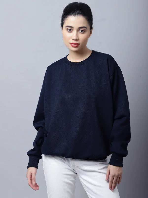 Vimal Jonney Fleece Round Neck Navy Blue Sweatshirt For Women