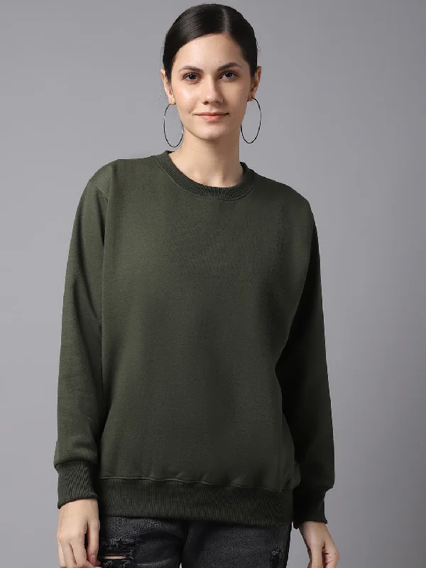 Vimal Jonney Fleece Round Neck Olive Sweatshirt For Women