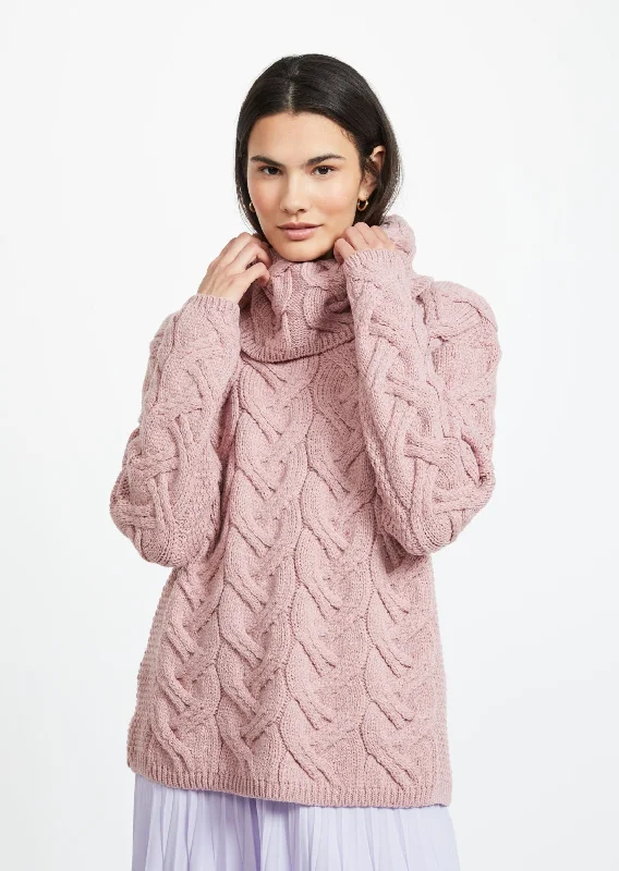 Aran Cowl Neck Chunky Sweater | Pink