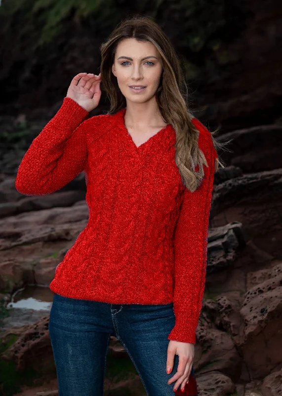 Aran V Neck Cashmere Sweater | Red