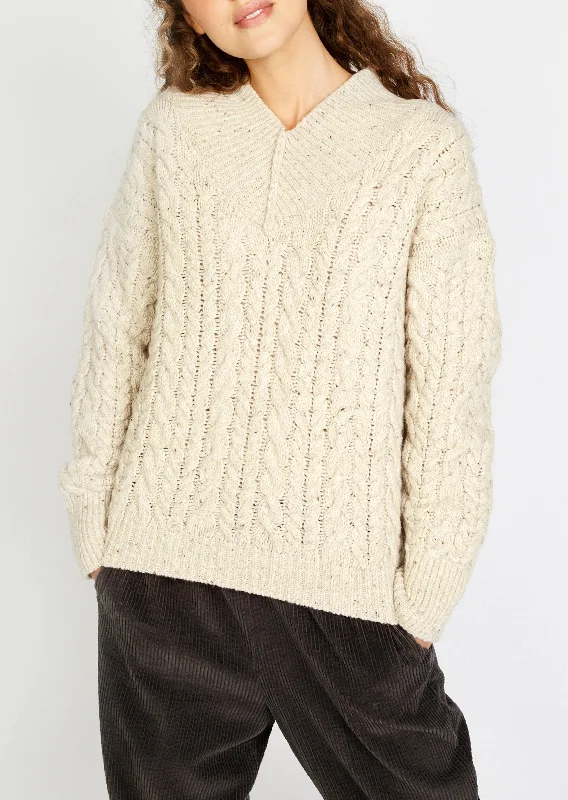 IrelandsEye Cable V-neck Aran Sweater | Chalkstone