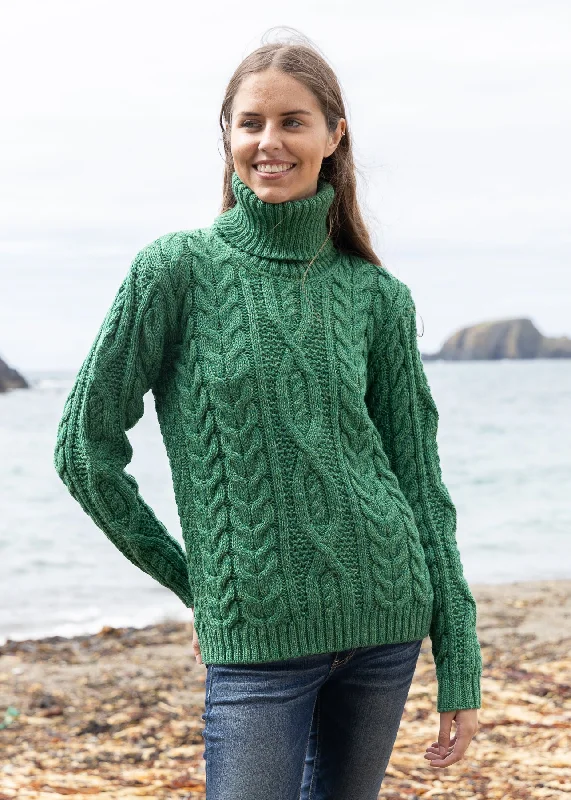 Women's Polo Neck Aran Sweater | Green Marl