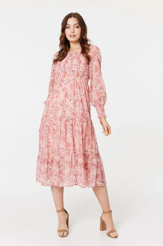 Floral Print Smocked Midi Dress