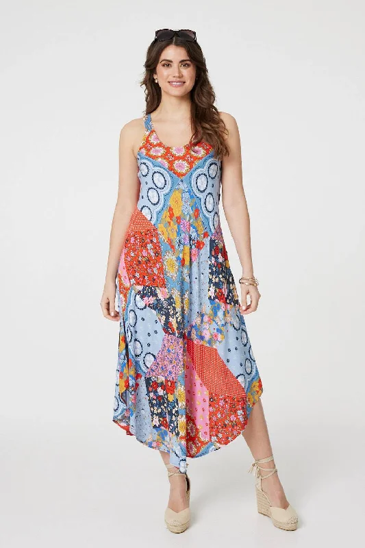 Patchwork Print Sleeveless Midi Dress