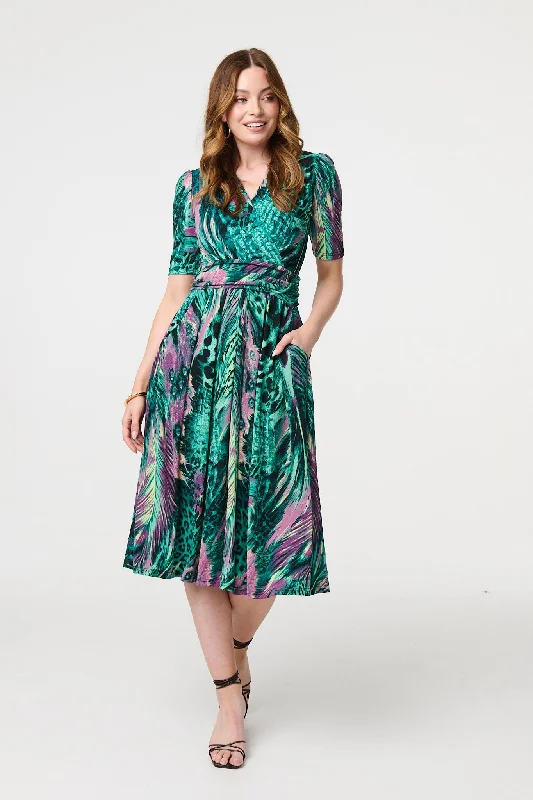 Feather Print 1/2 Sleeve Wrap Midi Dress