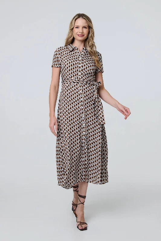 Geo Print Short Sleeve Tie Waist Midi Dress