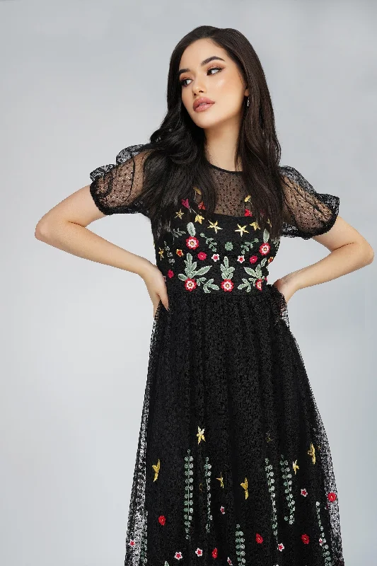 Dahlia Black Embroidered Dress