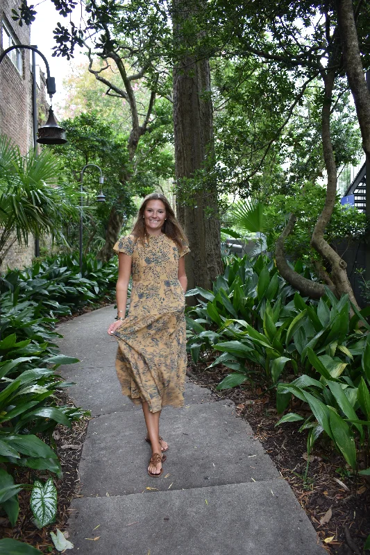 Folly Midi Dress Short Sleeve Caramel and Teal Floral