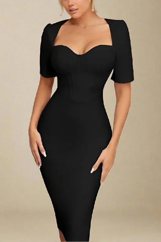 Lola Short Sleeve Bodycon Midi Dress - Classic Black