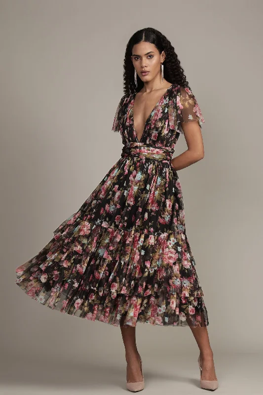 Madison Black Floral Tulle Midi Dress