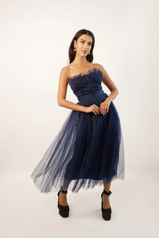 Nimo Dark Blue Tulle Midi Dress with Shell Cups