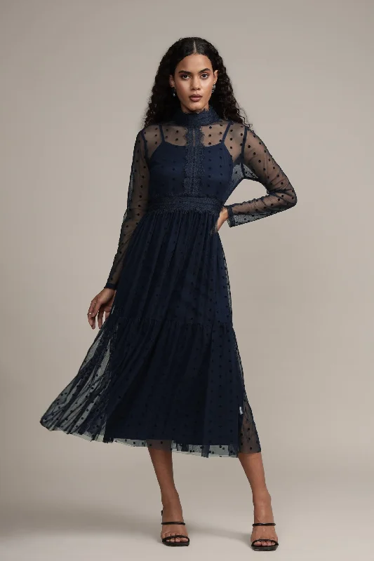 Roman Lola Polka Dot Midi Dress in Navy Blue