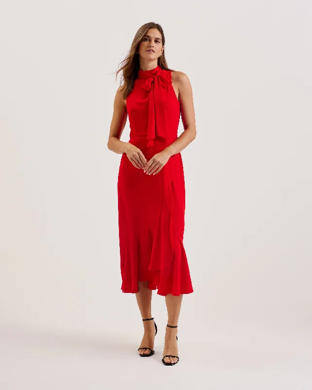 Rowaa Sleeveless Scarf Detail Midi Dress Red