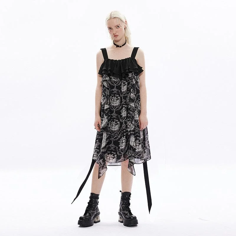 Women's Gothic Cat Printed Chiffon Slip Dress