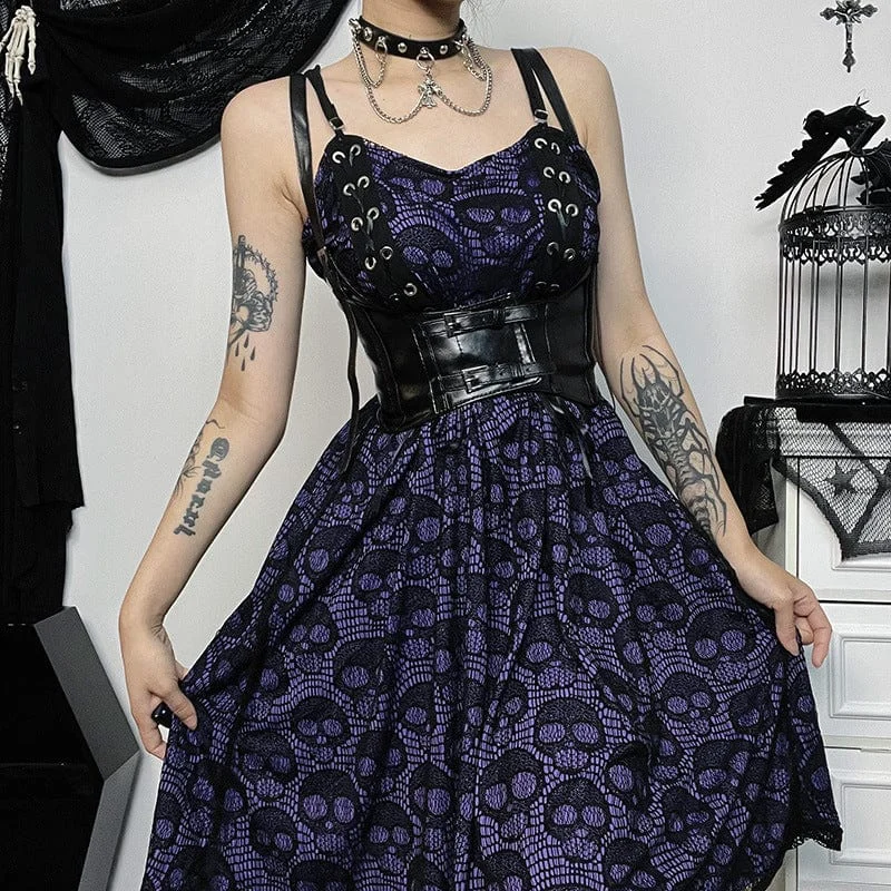 Women's Gothic Mesh Skull Lace-up Slip Dress