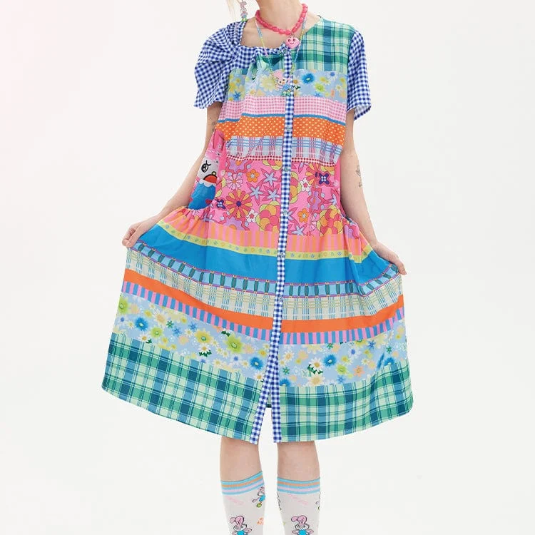 Women's Kawaii Knot Patchwork Plaid Dress