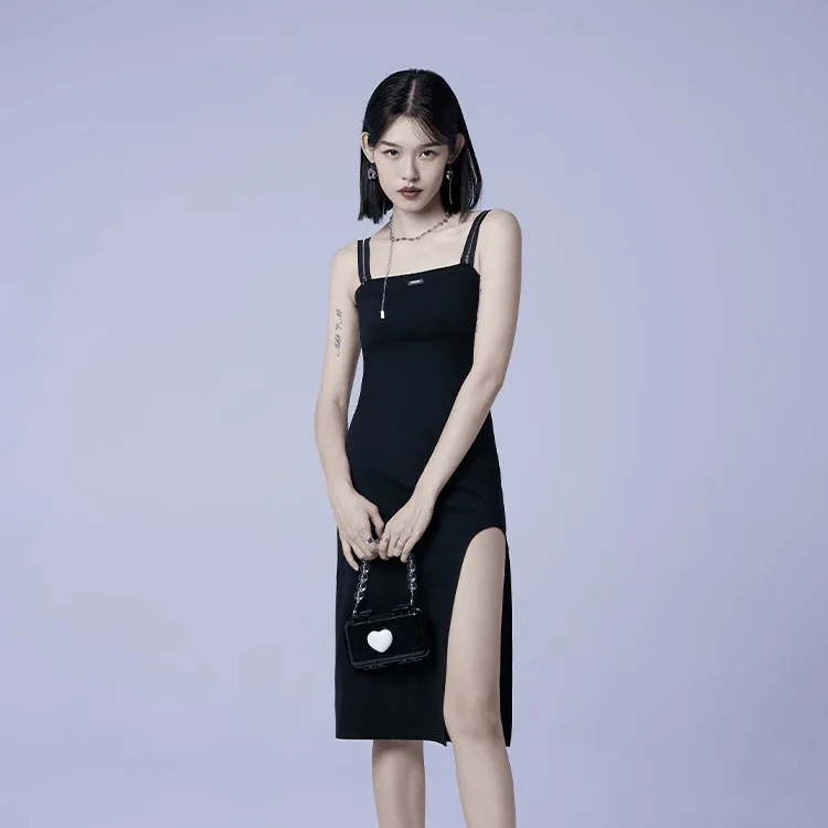 Women's Punk Side Slit Black Slip Dress