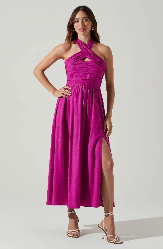 Zaria Pleated Halter Midi Dress