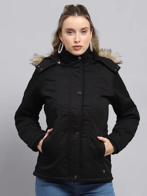 Women Black Solid Detachable Hood Full Sleeve Jacket