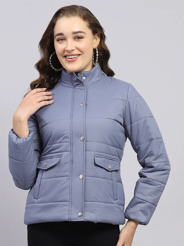 Women Blue Solid Mock Neck Full Sleeve Jacket