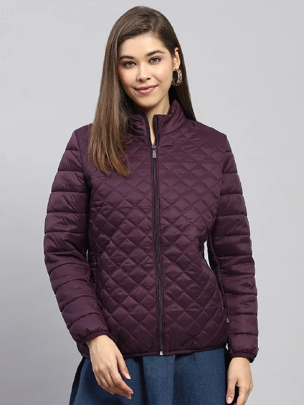 Women Burgundy Self Design Mock Neck Full Sleeve Jacket