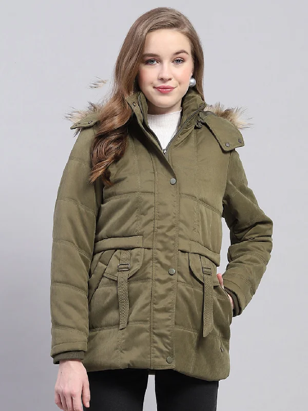 Women Green Solid Detachable Hood Full Sleeve Jacket