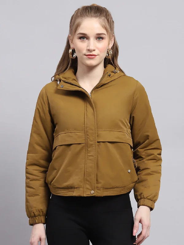 Women Khaki Solid Hooded Full Sleeve Jacket