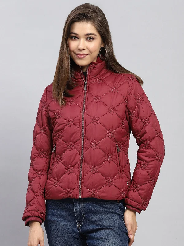 Women Maroon Embroidered Mock Neck Full Sleeve Jacket