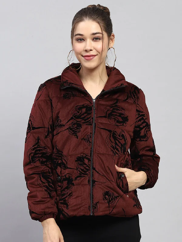 Women Maroon Printed Collar Full Sleeve Jacket