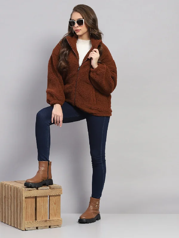 Women Rust Solid Mock Neck Full Sleeve Jacket