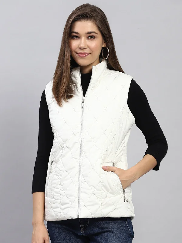 Women White Embroidered Mock Neck Sleeveless Jacket